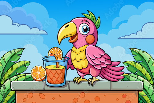 Pink parrot perched on vibrant yellow ledge sipping citrus martini playful tropical scene with pastel tones modern aesthetic whimsical colorful composition