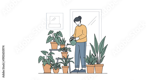 Person caring for houseplants indoors with a watering can creating a green domestic sanctuary surrounded by lush foliage