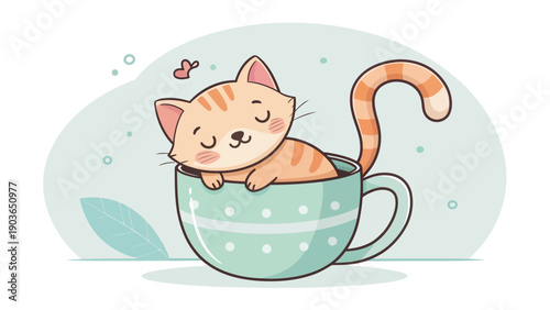Cute cat sitting in a polka dot teacup feeling cozy