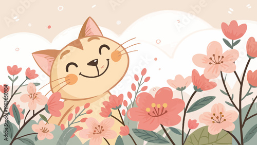 Smiling cat enjoying spring flowers in garden