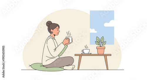 Woman enjoying a warm beverage while relaxing on a cushion near a window overlooking a bright sky with clouds and a potted plant on a small table