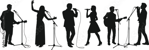 Silhouetted group of musicians and vocalists performing live on stage with guitars and microphones, showcasing teamwork, harmony, expressive energy, and captivating concert atmosphere in formal attire