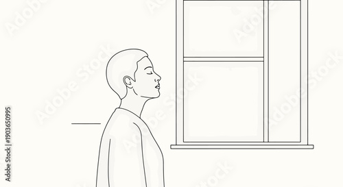 Person with eyes closed stands indoors near a window with natural light coming through the pane representing tranquility and contemplation