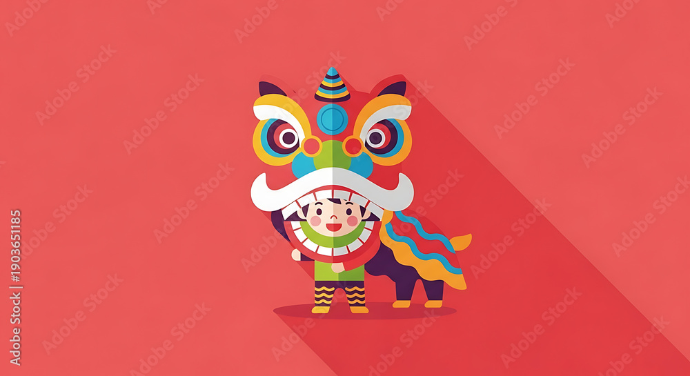 Fototapeta premium Chinese New Year lion dance performance with a kid icon on red background illustration