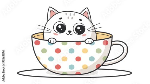 Cute cat peeking from colorful polka dot teacup