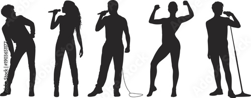 Silhouetted performers singing with microphones in dynamic poses, artistic concert illustration, creative music group concept, entertainment ensemble, dramatic shadow art photography