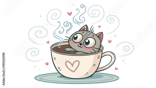 Cute cat snuggles in a warm cup of coffee with hearts