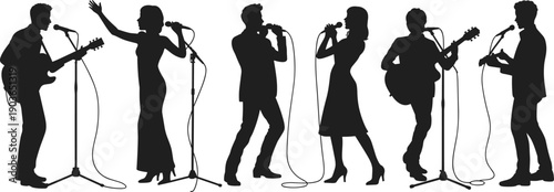 Silhouetted musical ensemble performing live on stage with guitars and microphones, showcasing teamwork, harmony, and dynamic energy in formal attire during captivating concert performance