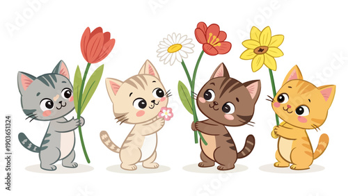Cute cats holding colorful flowers in playful poses