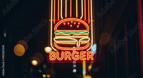 Neon burger sign glows with bright reds and yellows against a dark, blurred backdrop
