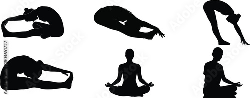 Yoga poses in silhouette against a white background