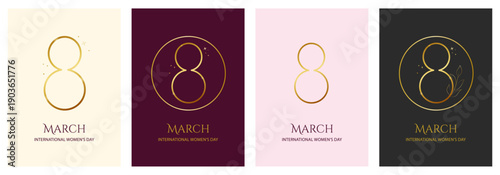 Modern Gold 8 Digit Outline Designs on Cream, Plum, Blush & Charcoal Background For March International Women`s Day