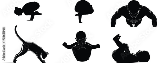 Six black silhouettes of a gorilla in various poses