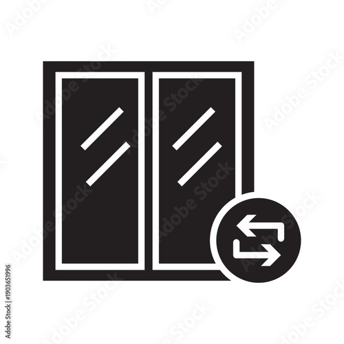 Outline icon of a sliding glass door with arrow symbol, representing open, close, switch, or sliding movement. Ideal for interface controls, smart home systems, and architectural navigation.