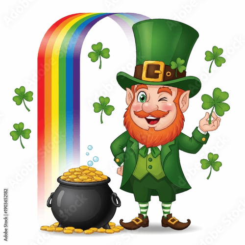 A cheerful leprechaun winking and holding a shamrock, standing next to a pot of gold at the end of a vibrant rainbow, surrounded by lucky clovers.