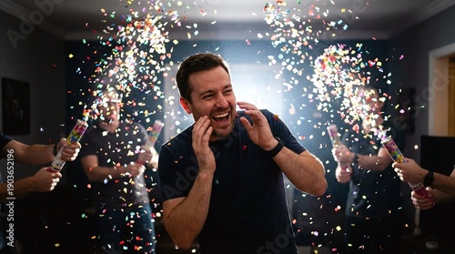 Excited man surprised by celebration with colorful confetti at a party