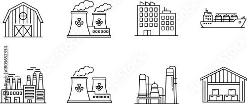 Industrial factory and power plant line icons set featuring manufacturing refinery warehouse shipping industry black white vector illustration design