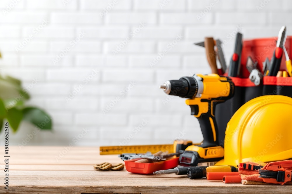Fototapeta premium Power Tools and Equipment on Workbench for Home Renovation Projects