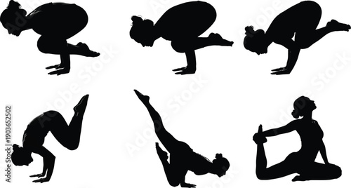 Yoga poses in silhouette against a white background