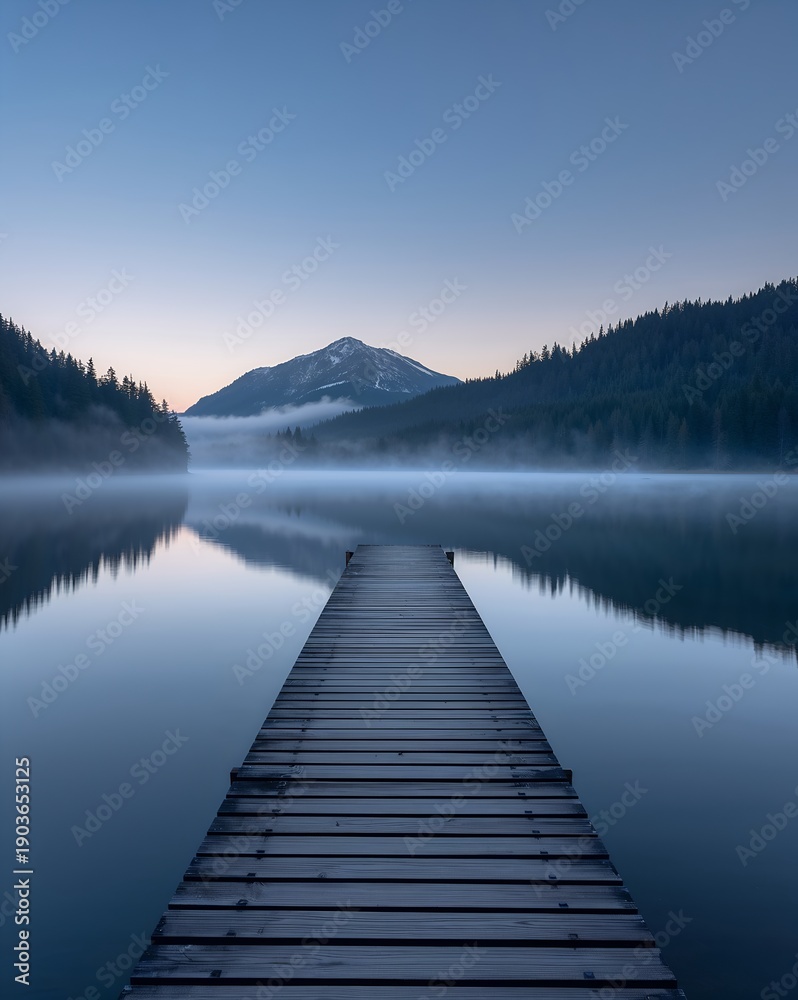 Fototapeta premium A serene shot of a wooden pier extending into a calm lake with mountain in background. The water reflects the scene perfectly