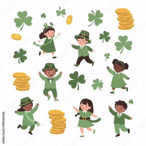 Happy children in green outfits celebrating St. Patrick's Day with shamrocks and gold coins.