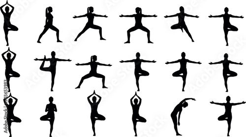 Yoga poses silhouette set featuring balanced standing postures, meditation exercises, female fitness figures, isolated black shapes for wellness, mindfulness, and healthy lifestyle design