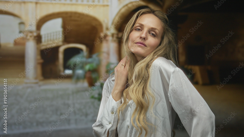 Fototapeta premium Woman standing in historic old town street outdoors with relaxed expression wearing white blouse capturing serene moment