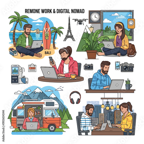 Cartoon vector illustration collage featuring a family in the park, children going to school, and a set of cartoon people and transport montage with a doctor, business office, and art drawing