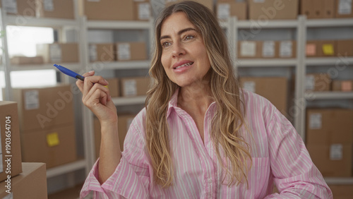 Quadro su tela Woman holding pen and gesturing with hands in a packing building lined with boxes and shelves; small business optimism