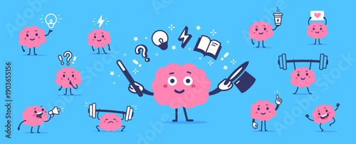 Vector collection of illustration. Set of cute happy smile pink brain with magic wand. Strong and clever character with question and dumbbell. Brain character in various pose. Flat doodle style design