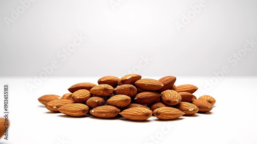 A video shows almonds falling onto a pile of almonds on a white surface