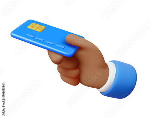 Vector illustration of plastic debit or credit card in hand. Electronic money. 3d realistic style design of black man hand hold blue bank card. Paying online icon, atm payment banking technology