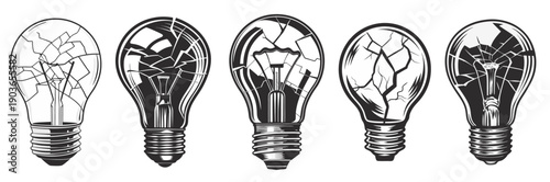 Set Broken Light Bulb with Crack, Bad Creative Idea. Symbols for innovation, imagination, and successful profit in global business.