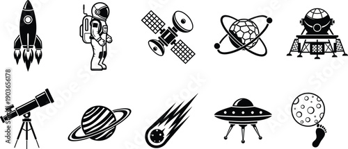 Space exploration icons collection featuring rocket astronaut satellite planet UFO telescope meteor moon astronomy science black white vector set