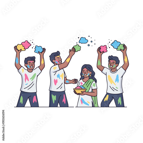 Happy Indian Friends Celebrating Holi Festival with Colored Powder