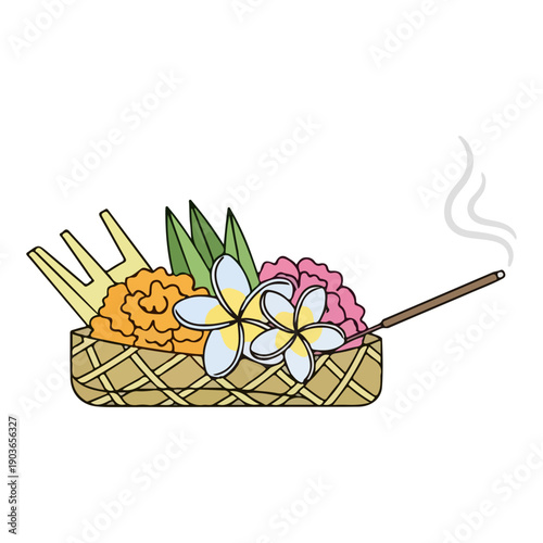 Traditional Balinese Hindu offering Canang Sari with flowers and incense illustration