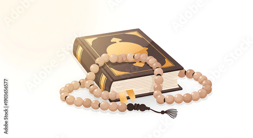 A serene illustration depicting the holy Quran alongside traditional prayer beads, symbolizing devotion, faith, and spiritual reflection within Islamic culture