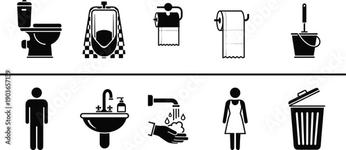 Bathroom restroom hygiene icons set with toilet urinal sink handwash trash bin symbols for public sanitation signage vector illustration design
