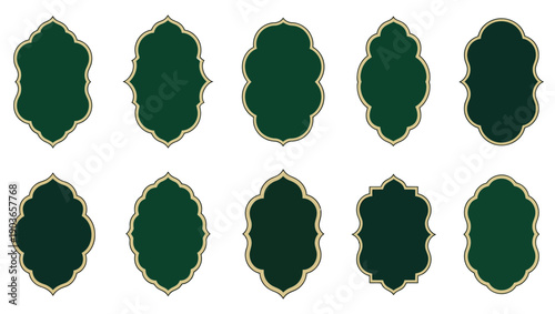 Three dark green ornamental shapes with golden edges against a white background