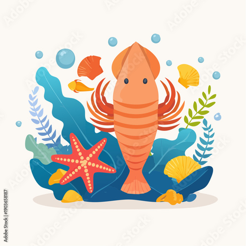 Cute Cartoon Shrimp and Sea Creatures Underwater Illustration