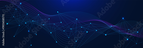 Abstract network connection dots and lines with wave flow. Digital big data visualization with plexus design. Design for science and technology. Vector