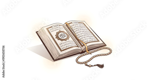 An intricately illustrated open Islamic holy book, the Quran, resting beside a string of prayer beads, evoking concepts of spiritual devotion, contemplation, and religious study