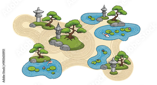 Set of Hand Drawn Traditional Japanese Zen Garden Elements isolated PNG with Transparent Background