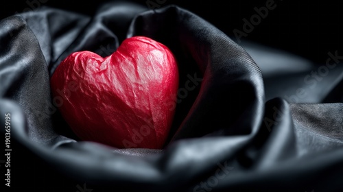 A red heart is placed on a black cloth