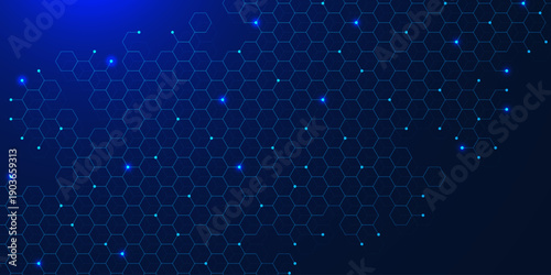 Modern digital blockchain cube with hexagon pattern and glowing nodes. Quantum computer technology concept. Design for communication, science and innovation. Vector
