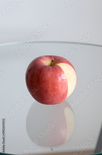 Ripe red apple on glass table with slice