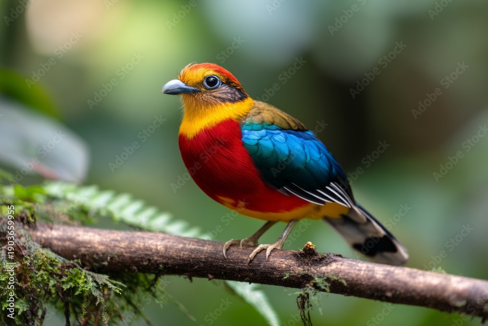 Fototapeta premium Vibrant Wild Bird Displaying Colorful Feathers in Rainforest Environment