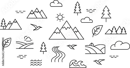 Minimal black line nature icon set with mountains, trees, clouds, sun, birds, rivers and waves for outdoor design isolated on white background