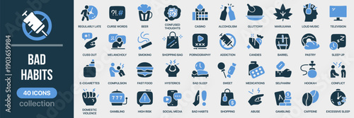 Bad habits fill icon collection. Includes addiction, smoking, alcohol, gambling, violence, and unhealthy lifestyle symbols. Created in colored style with blue palette