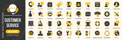 Customer service fill icon collection. Includes support, communication, call center, feedback and client interaction symbols. Created in colored style